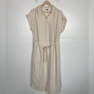 Old Navy Gauze Midi Dress Size L Tall Stripes Beige & White Side Pockets Belted